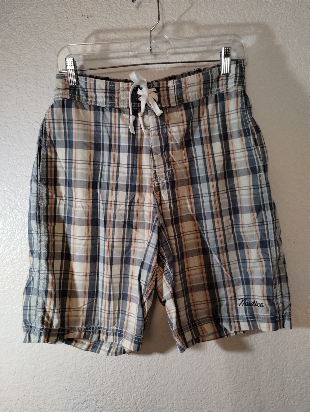 Nautica Plaid Swim Shorts in Blue, Cream & Tan sz Small
